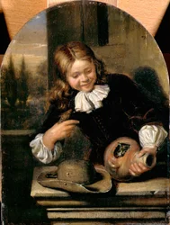 Niño con una jarra y un nido de pájaros